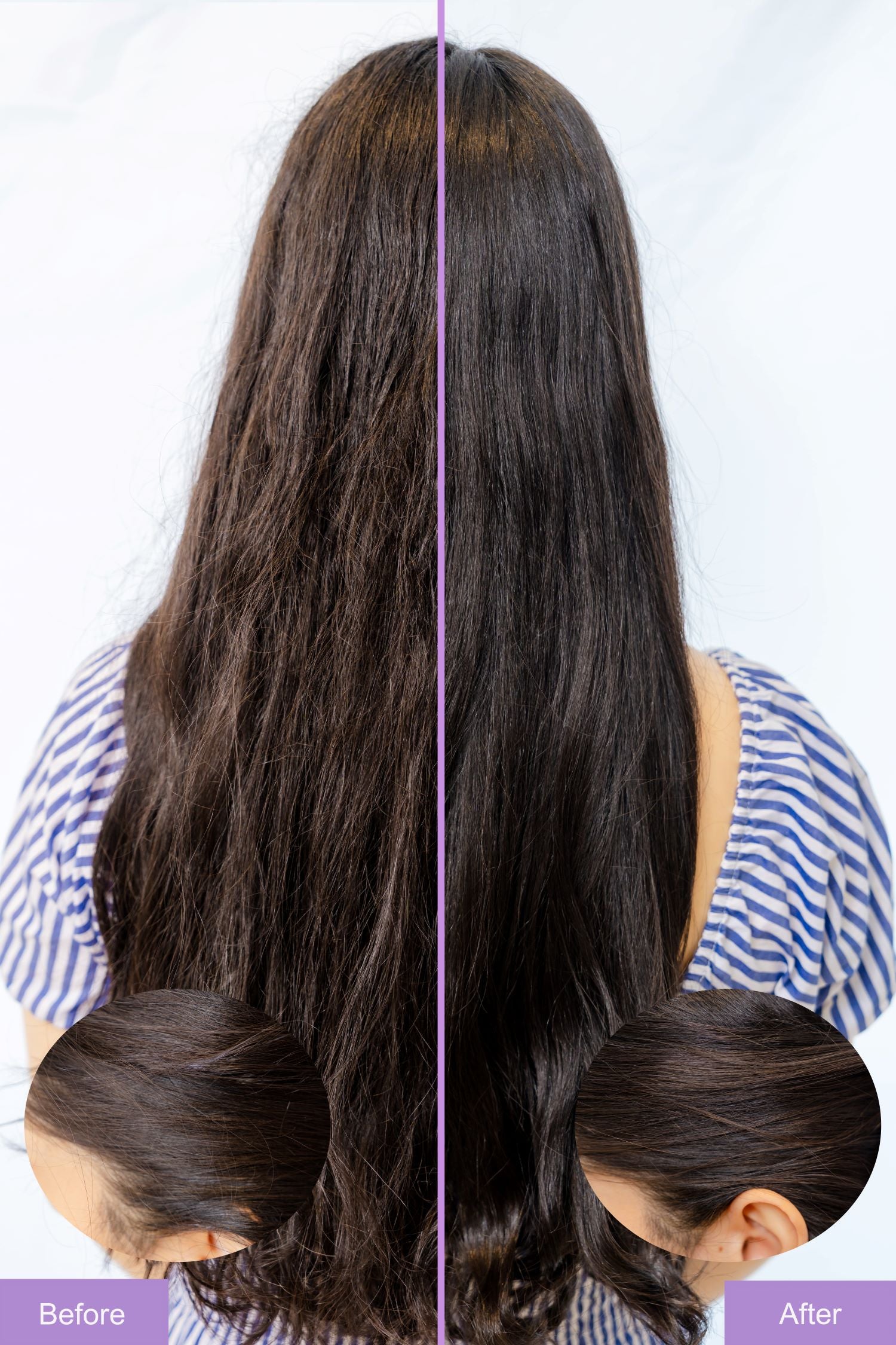Before and after comparison for dark, long hair