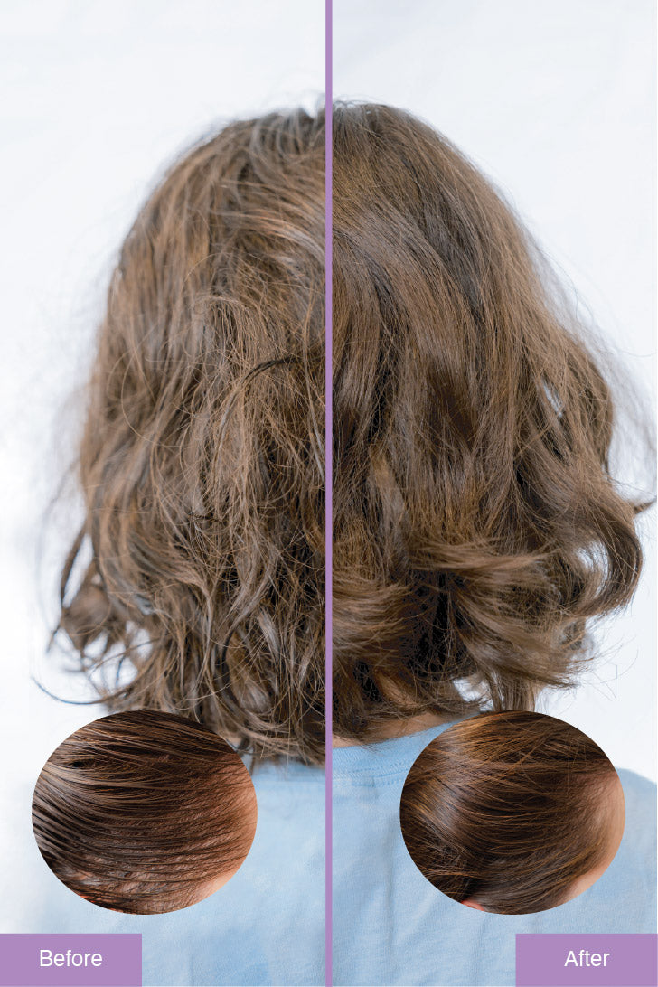 Before and after comparison of hair with a purple line dividing the two images.