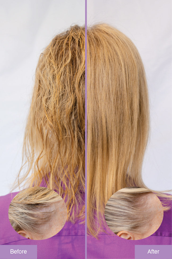 Before and after comparison of blonde hair extensions on a white background.