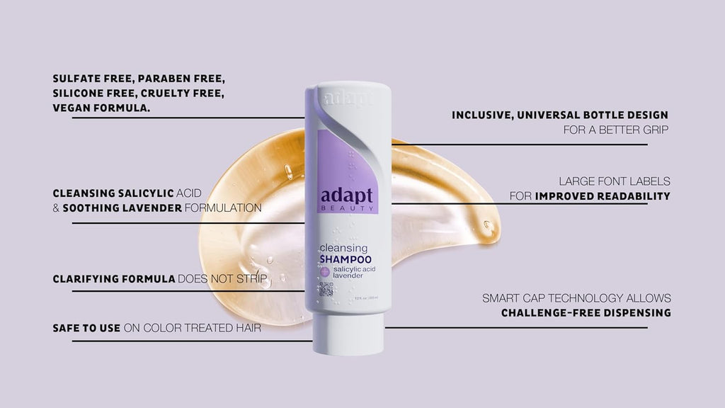 Shampoo bottle with product features listed on a light gray background