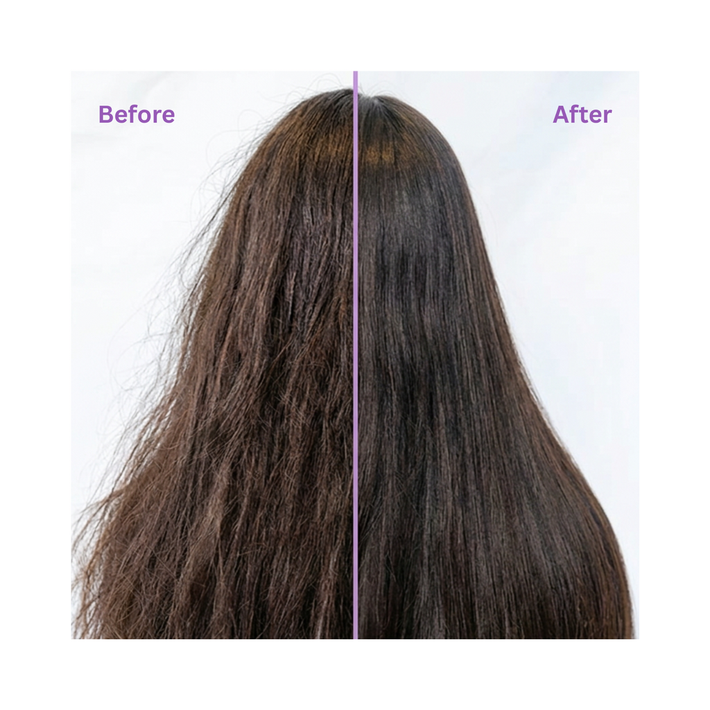 Before and after comparison of hair treatment on a person with long, dark hair.