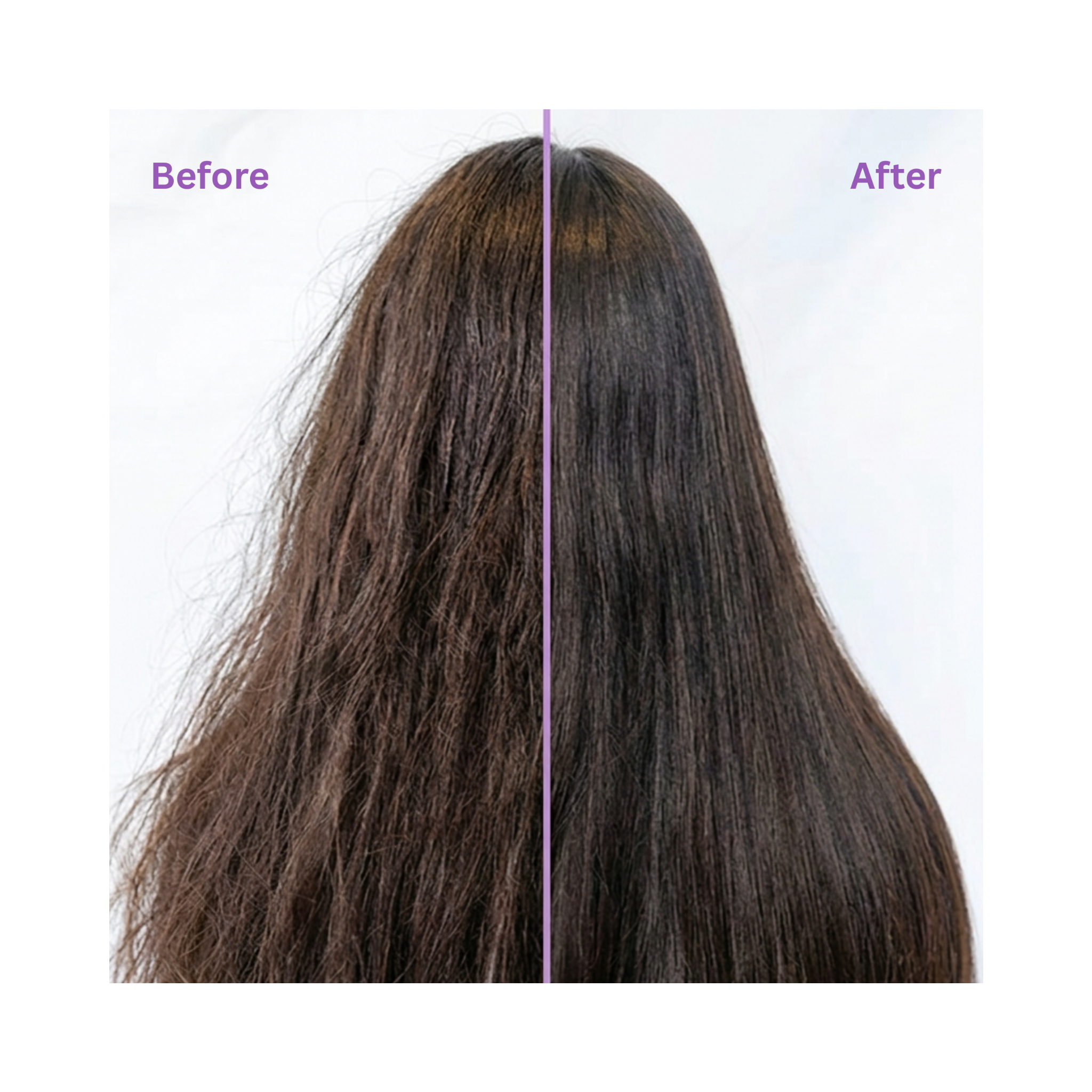 Before and after comparison of hair treatment on a person with long, dark hair.
