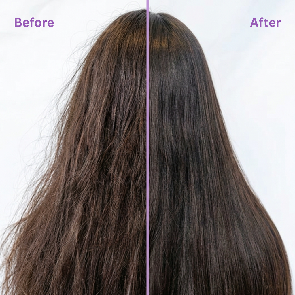 Before and after comparison of hair treatment on a person with long, dark hair.