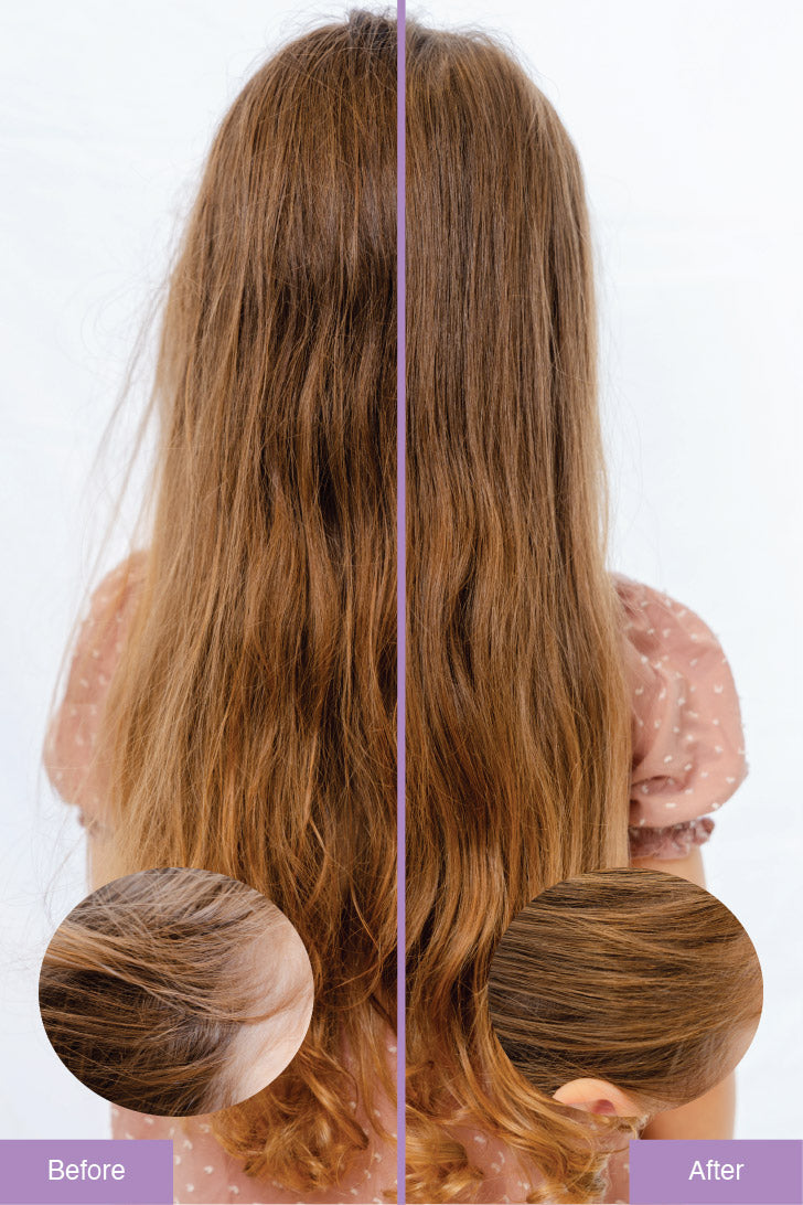 Before and after comparison of hair treatment on a person with long, wavy brown hair.