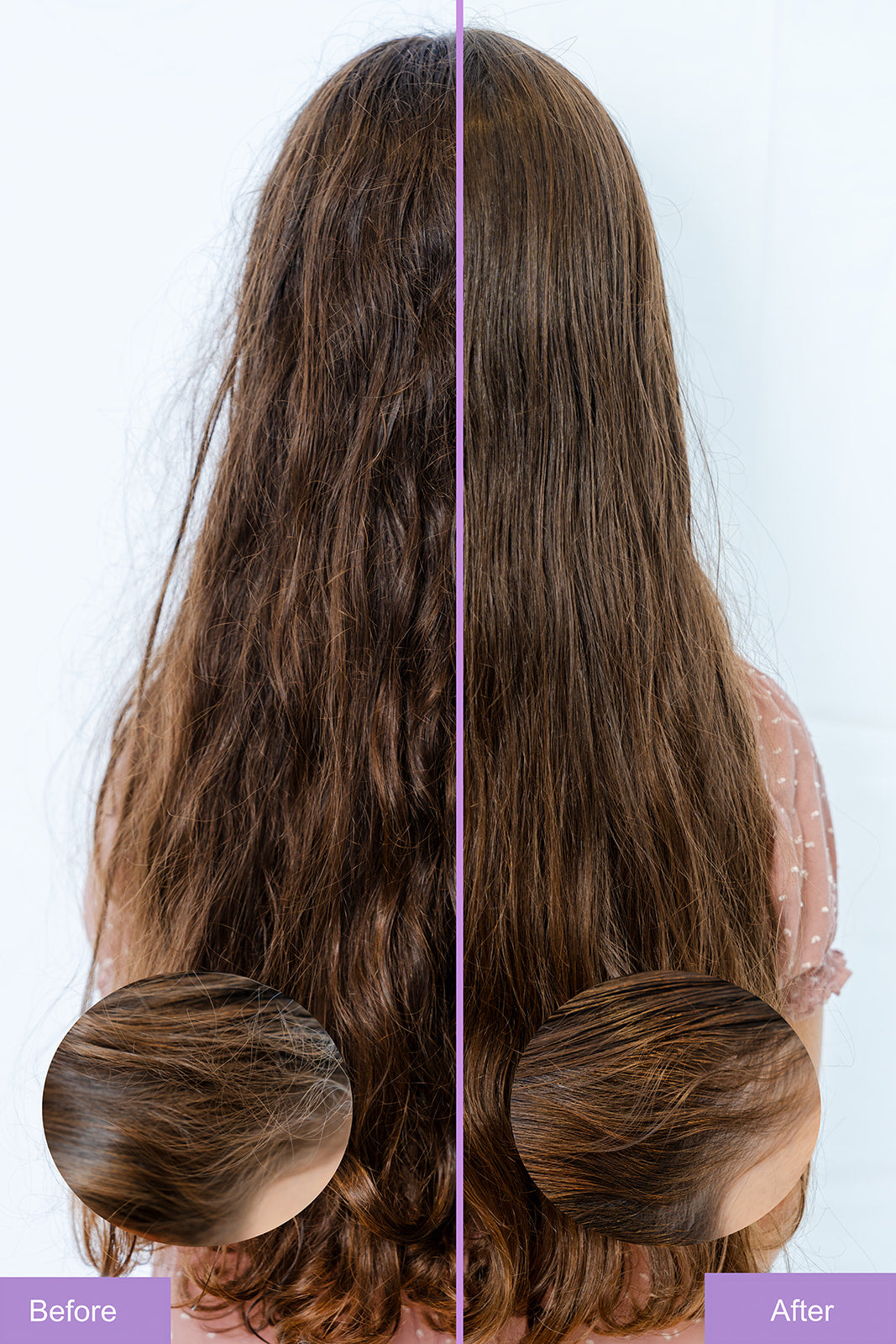 Before and after comparison for long brown hair