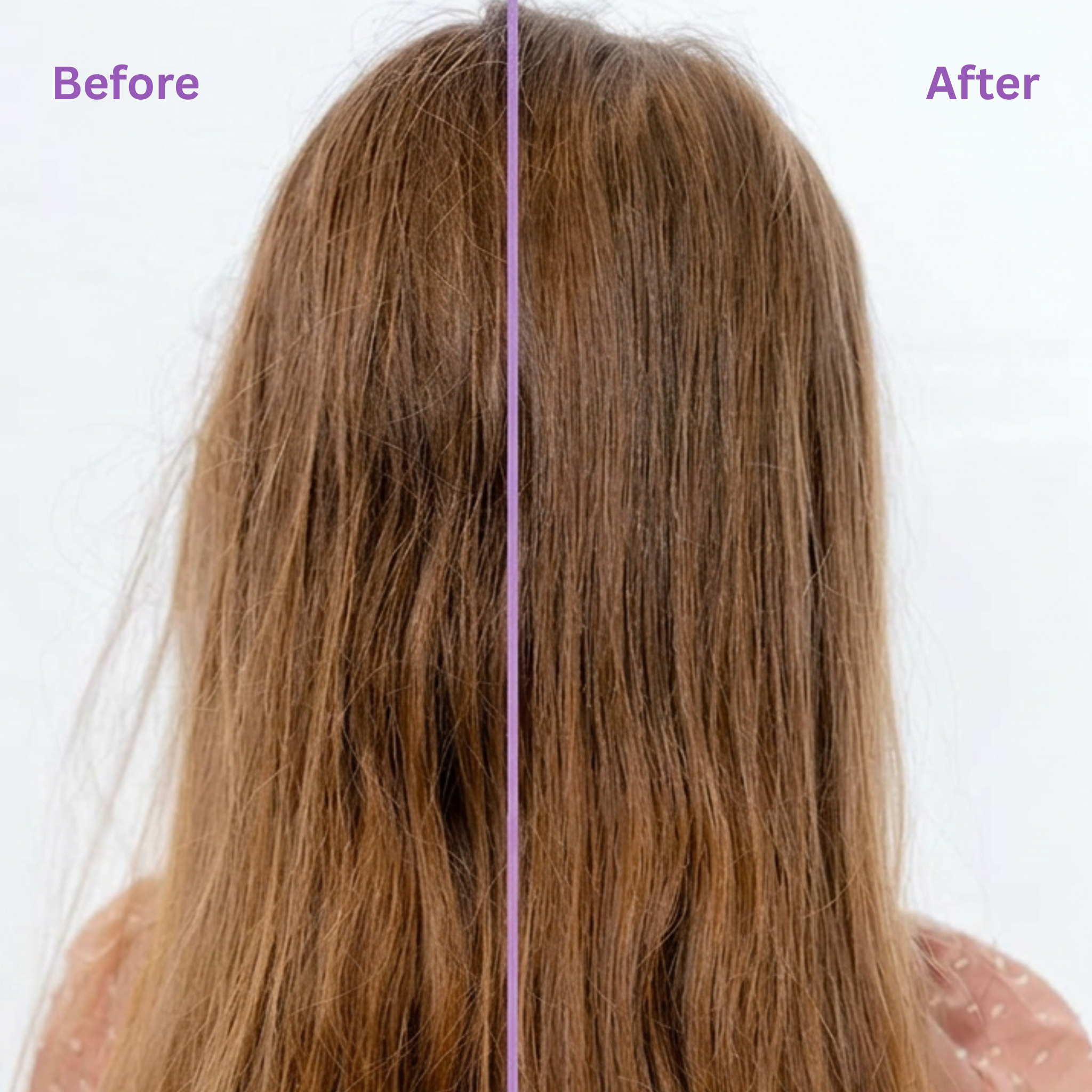 Comparison of hair before and after treatment with a purple line dividing the two images.