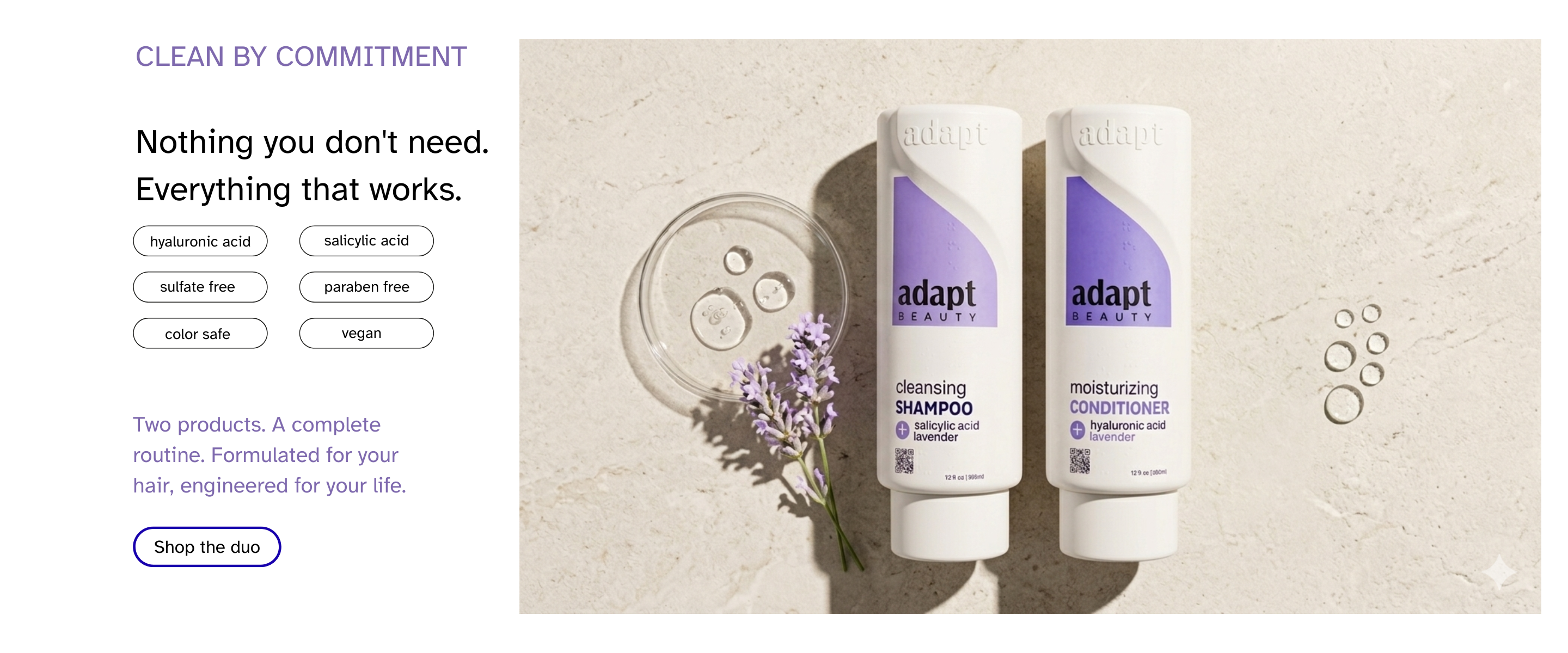 Two bottles of adapt shampoo and conditioner on a beige background describing clean ingredients and accessible haircare