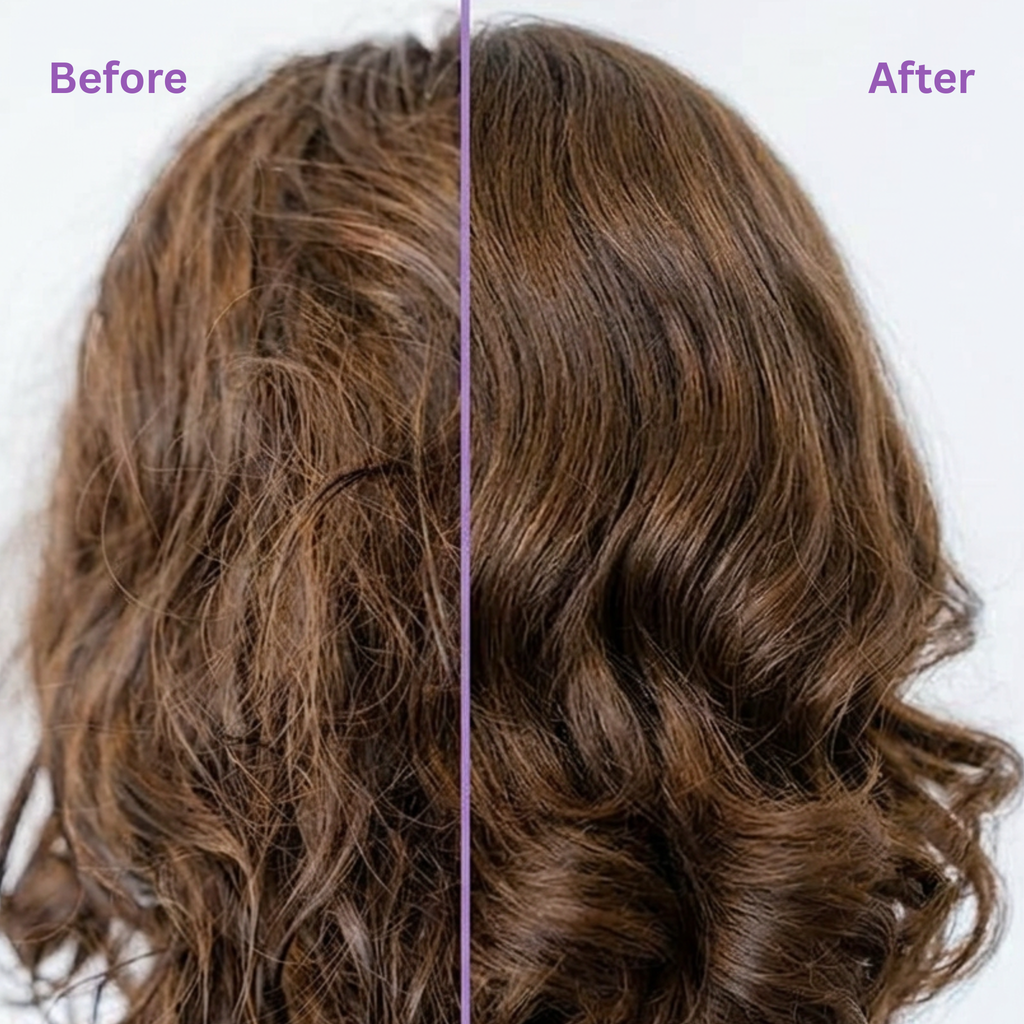 Before and after comparison of wavy hair with a purple line dividing the two images.