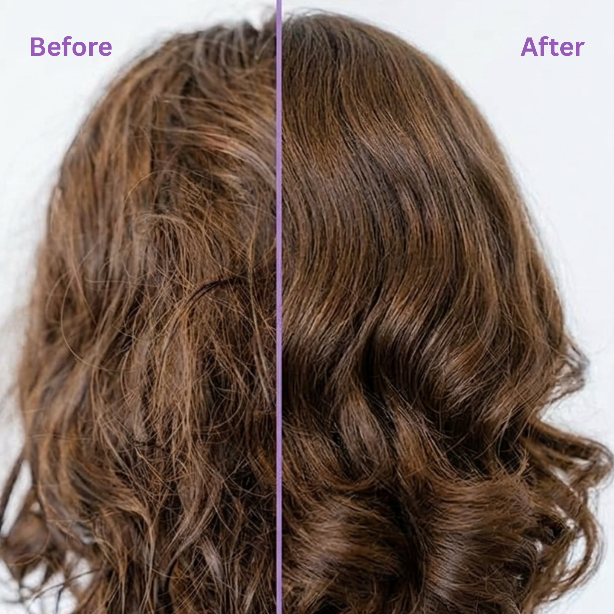Before and after comparison of wavy hair with a purple line dividing the two images.