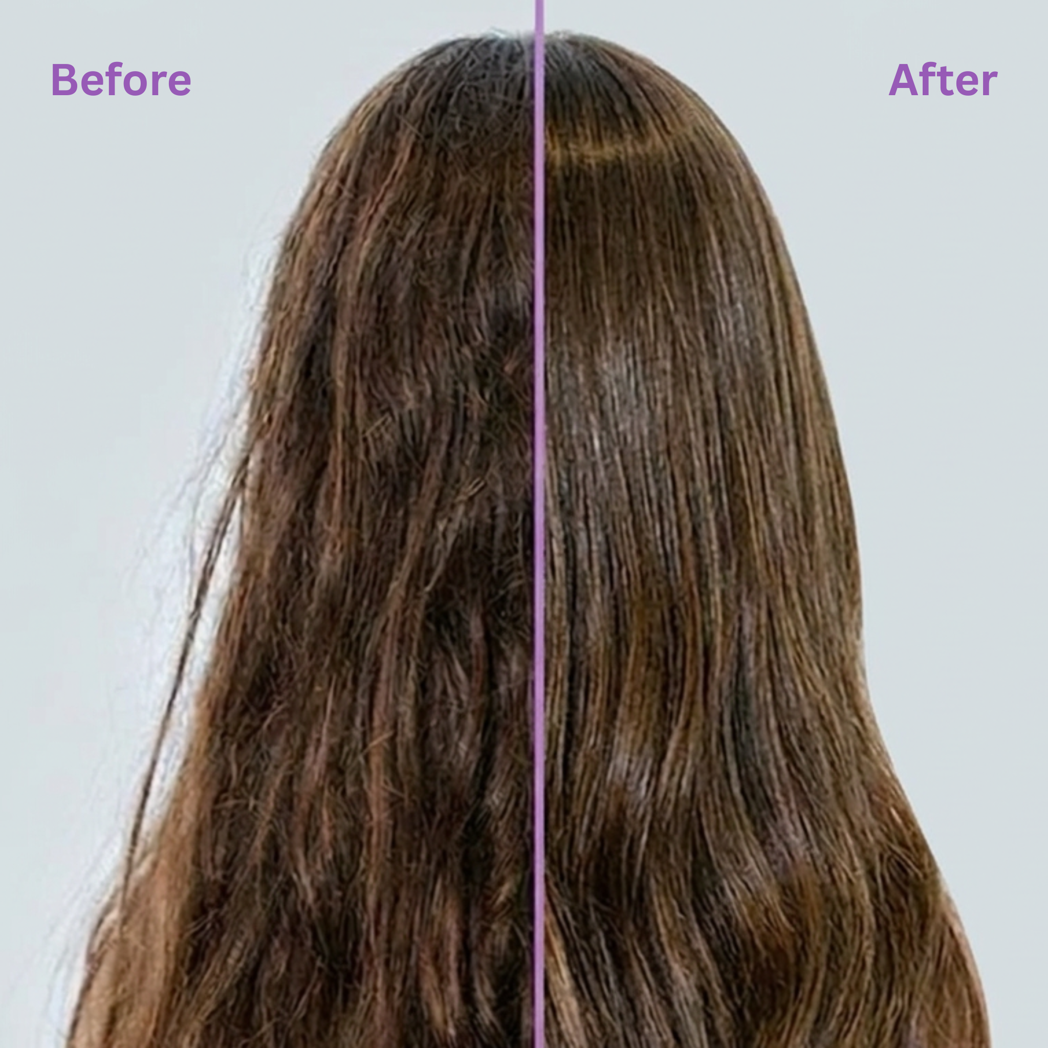 Comparison of hair before and after treatment with a purple line dividing the two images.