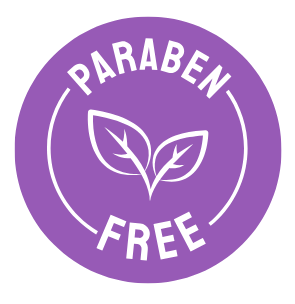 Purple circle with 'Paraben Free' text and leaf symbols on a white background