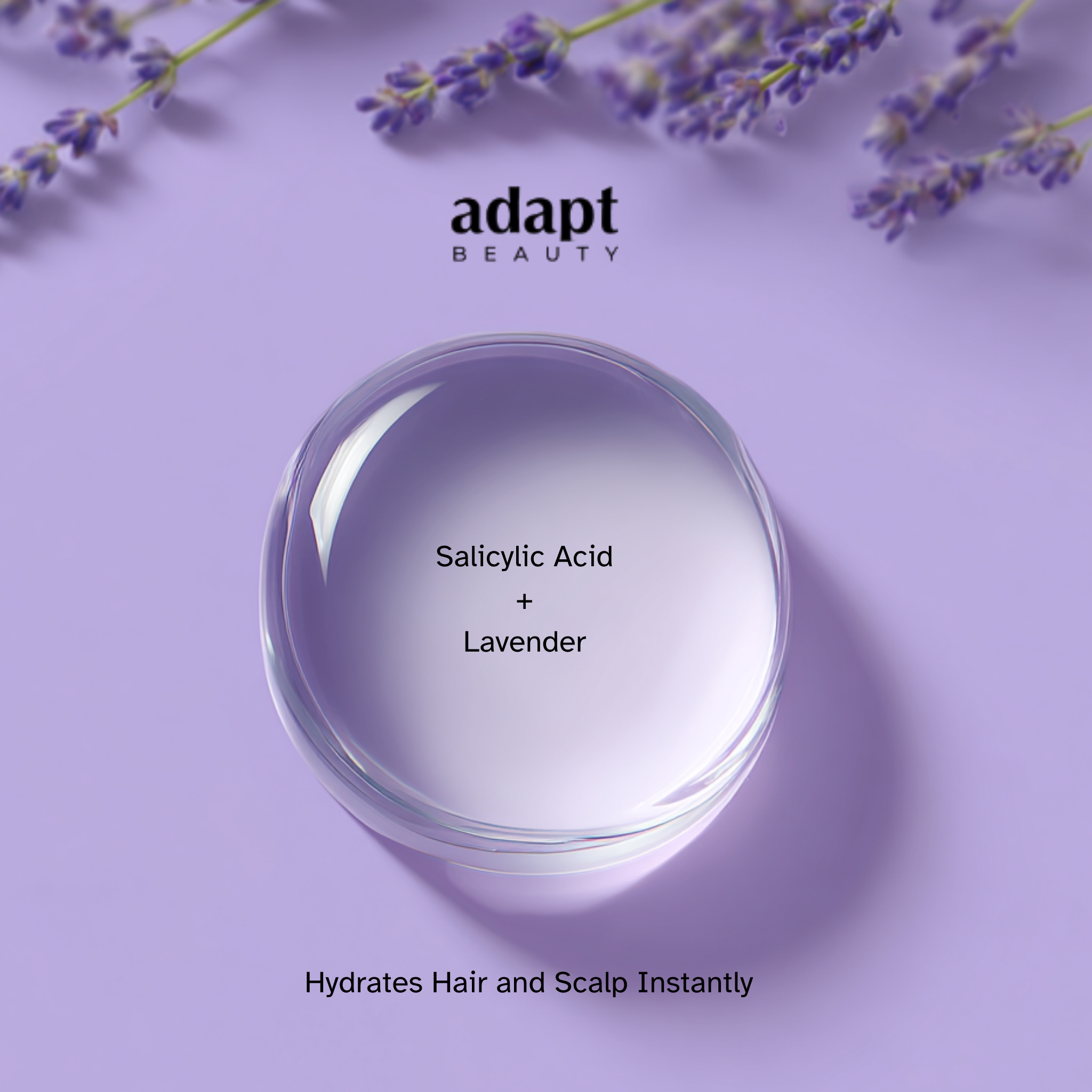 Glass container with 'adapt BEAUTY' on a purple background with lavender flowers.